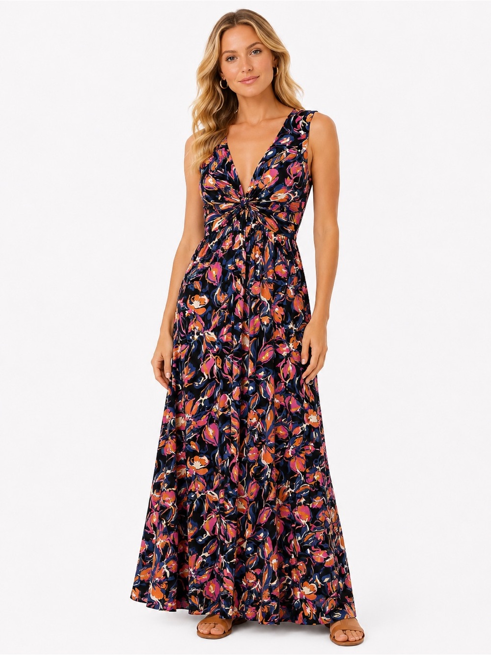 French Connection Size Large Floral Twist-Front Maxi Dress in Navy Multi